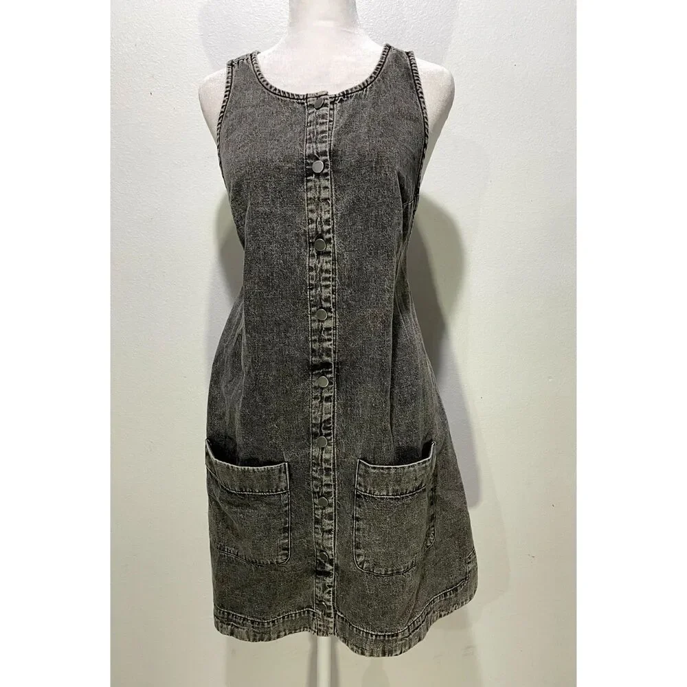 Free People denim overall dress black acid wash front pockets casual women XS